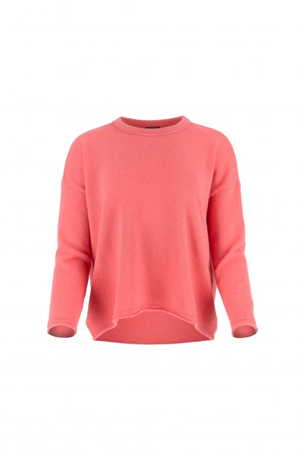 a boat neck jumper with long sleeves in coral colour, profile view