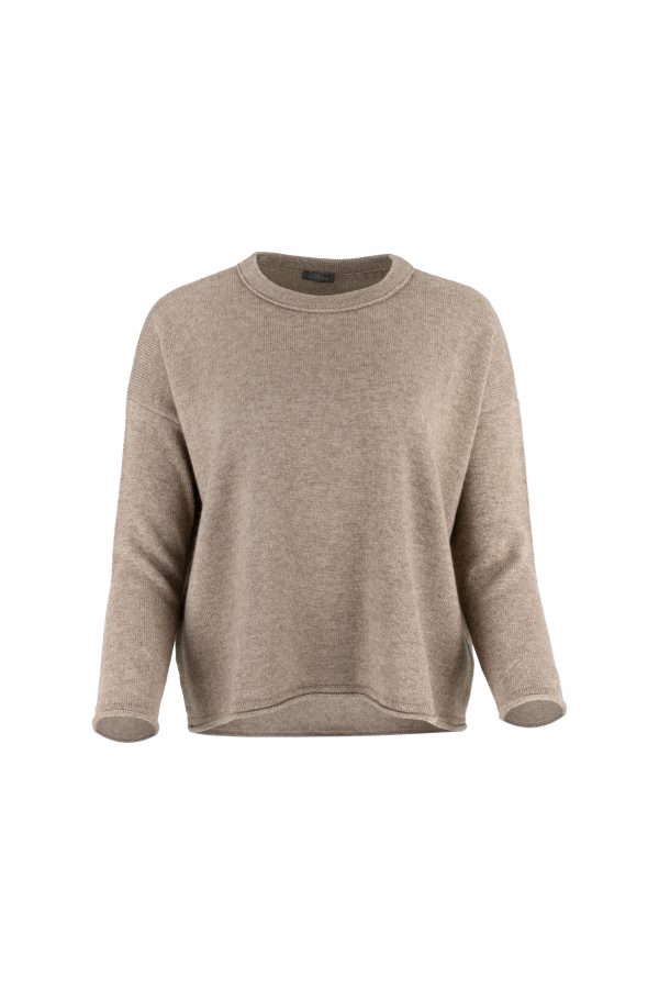 a boat neck jumper with long sleeves in mocha colour, front view