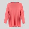 boat neck jumper with long sleeves, square bodice in coral colour, front view