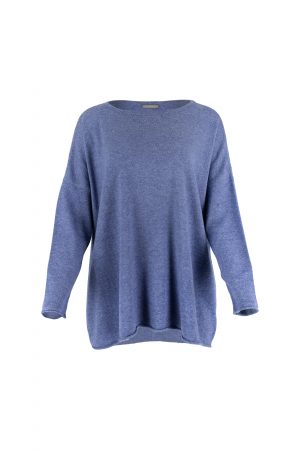 boat neck jumper with long sleeves, square bodice in denim colour, front view