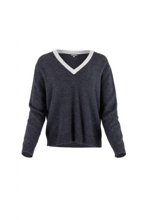 pullover with long sleeves and 2 contrasting colour V-neck, here presented in graphite and silver marl colour, front view