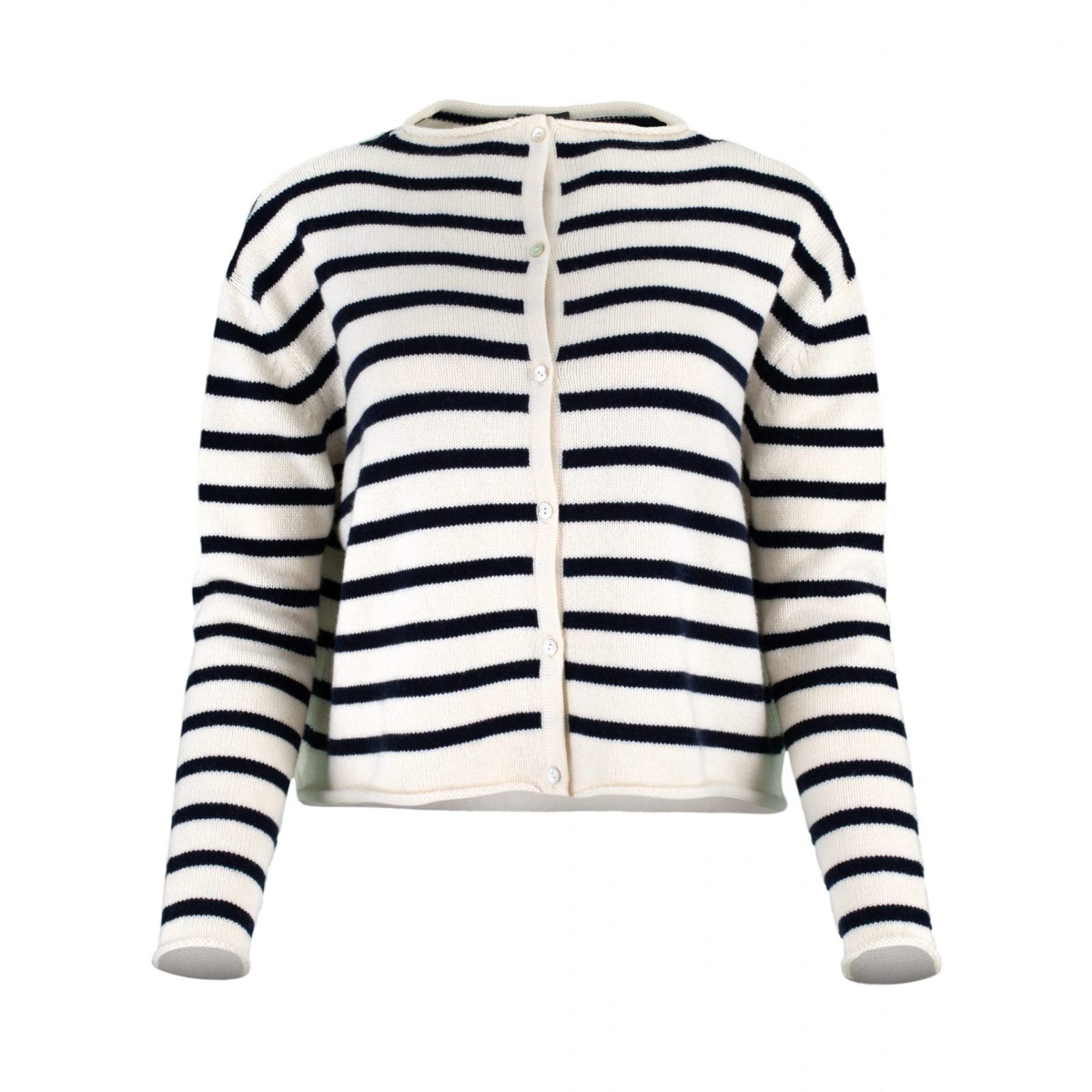 Zeya-ivory-navy-front - Ochre Knitwear striped cardigan with long sleeves, six small buttons and contrasting colours navy and ivory, front view
