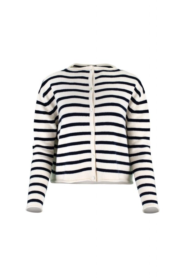 Zeya-ivory-navy-front - Ochre Knitwear striped cardigan with long sleeves, six small buttons and contrasting colours navy and ivory, front view