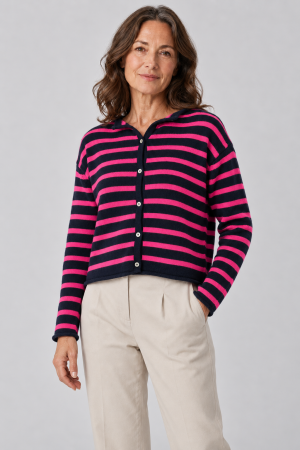 striped cardigan with long sleeves, six small buttons and contrasting colours navy and fluro pink, front view presented by female model