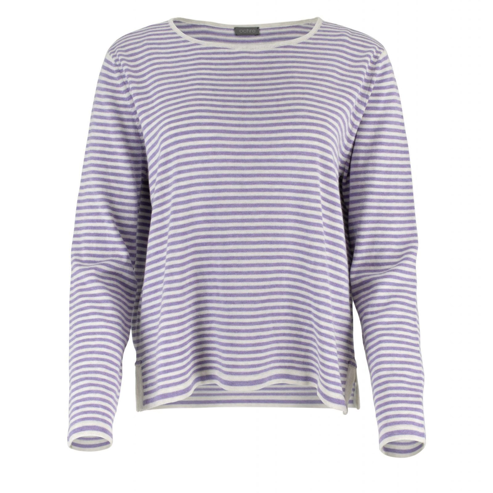 cotton striped jumper with long sleeve and side split in natural and lilac colour, front view
