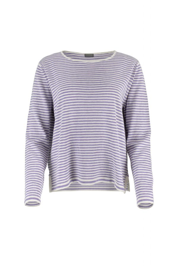 cotton striped jumper with long sleeve and side split in natural and lilac colour, front view