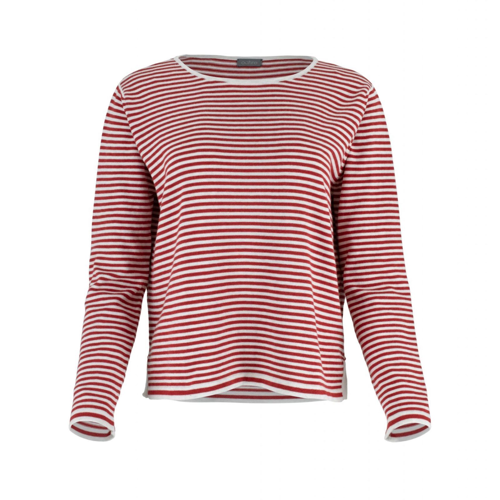 cotton striped jumper with long sleeve and side split in natural and Persian colour, front view