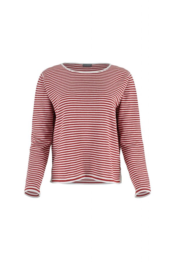 cotton striped jumper with long sleeve and side split in natural and Persian colour, front view