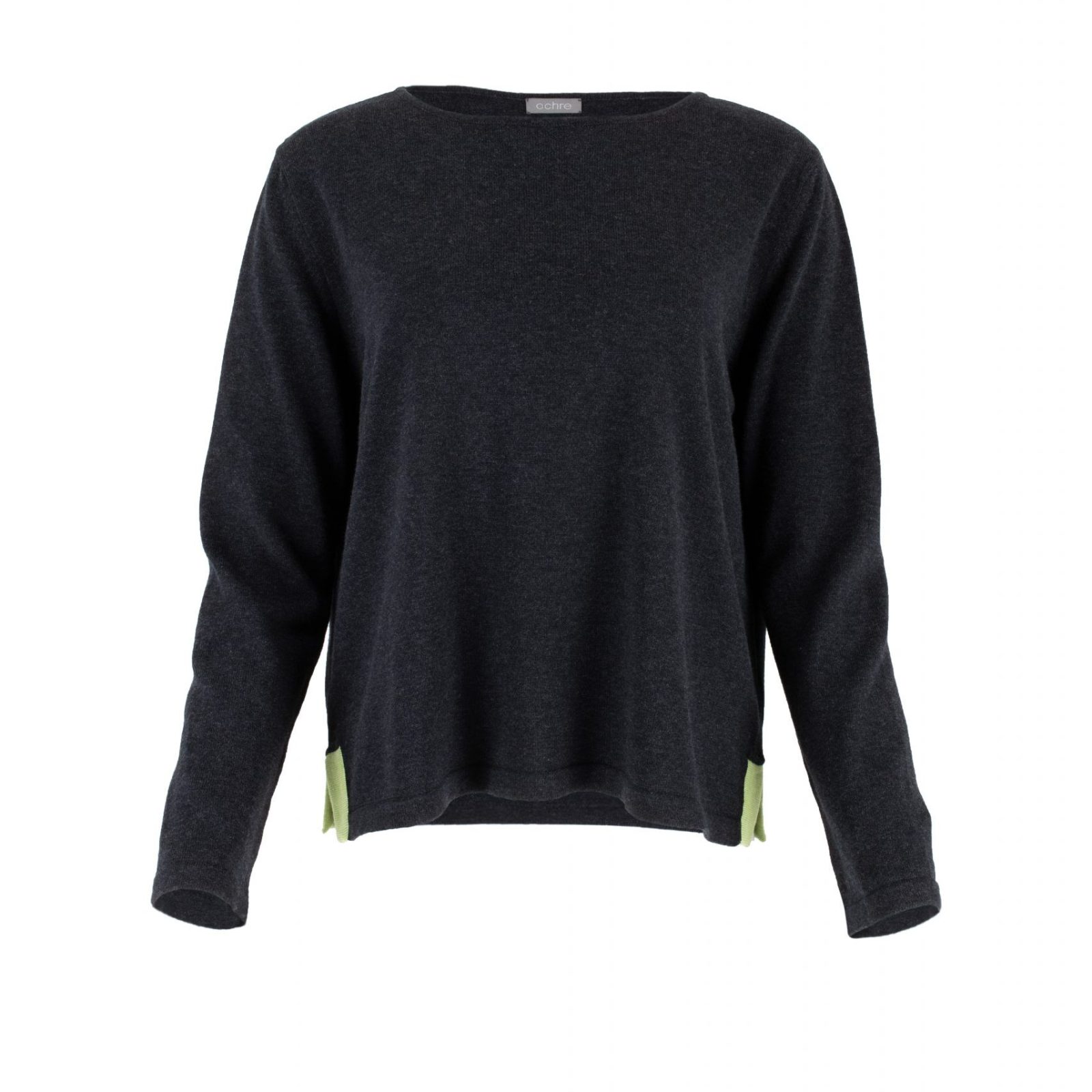 Foss-cotton-jumper-black-lime-colour - Ochre Knitwear cotton jumper with round neck long sleeves and contrasting colour side splits in black and lime colour