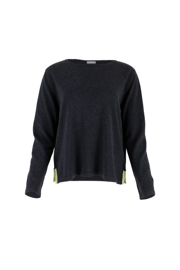 Foss-cotton-jumper-black-lime-colour - Ochre Knitwear cotton jumper with round neck long sleeves and contrasting colour side splits in black and lime colour
