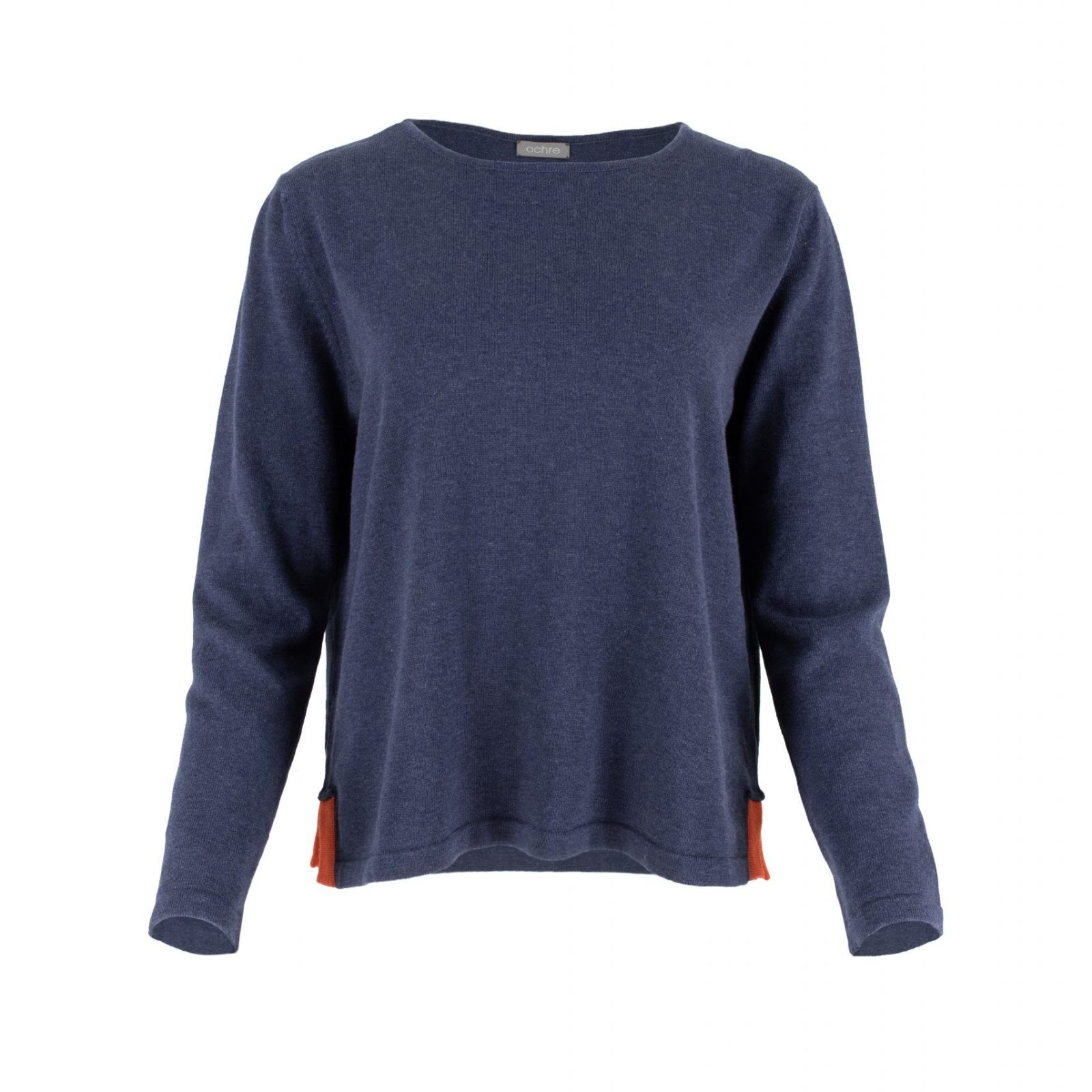 Foss-cotton-jumper-navy-clementine-colour - Ochre Knitwear cotton jumper with round neck long sleeves and contrasting colour side splits in navy and clementine colour