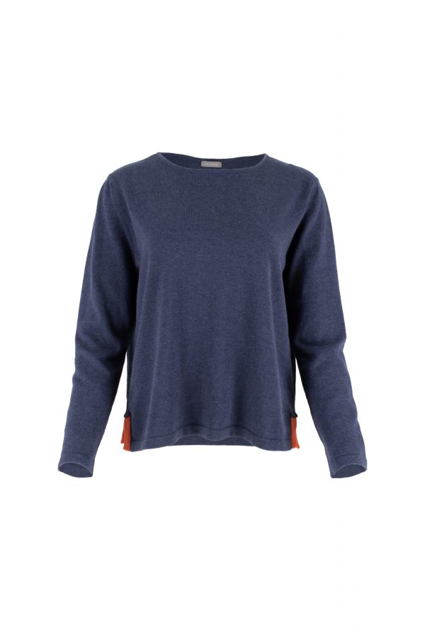 Foss-cotton-jumper-navy-clementine-colour - Ochre Knitwear cotton jumper with round neck long sleeves and contrasting colour side splits in navy and clementine colour