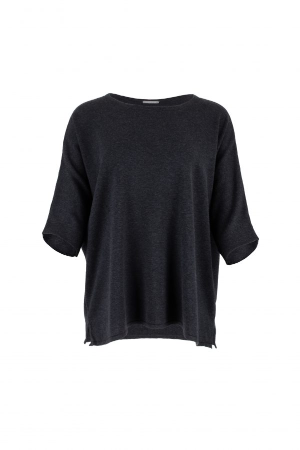 cotton jumper with round neck and grow on sleeves in black colour, front view