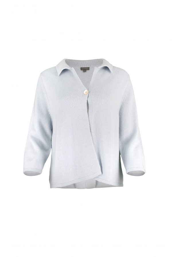 one button cardigan with collar, open front and long sleeves in cloud blue colour, front view