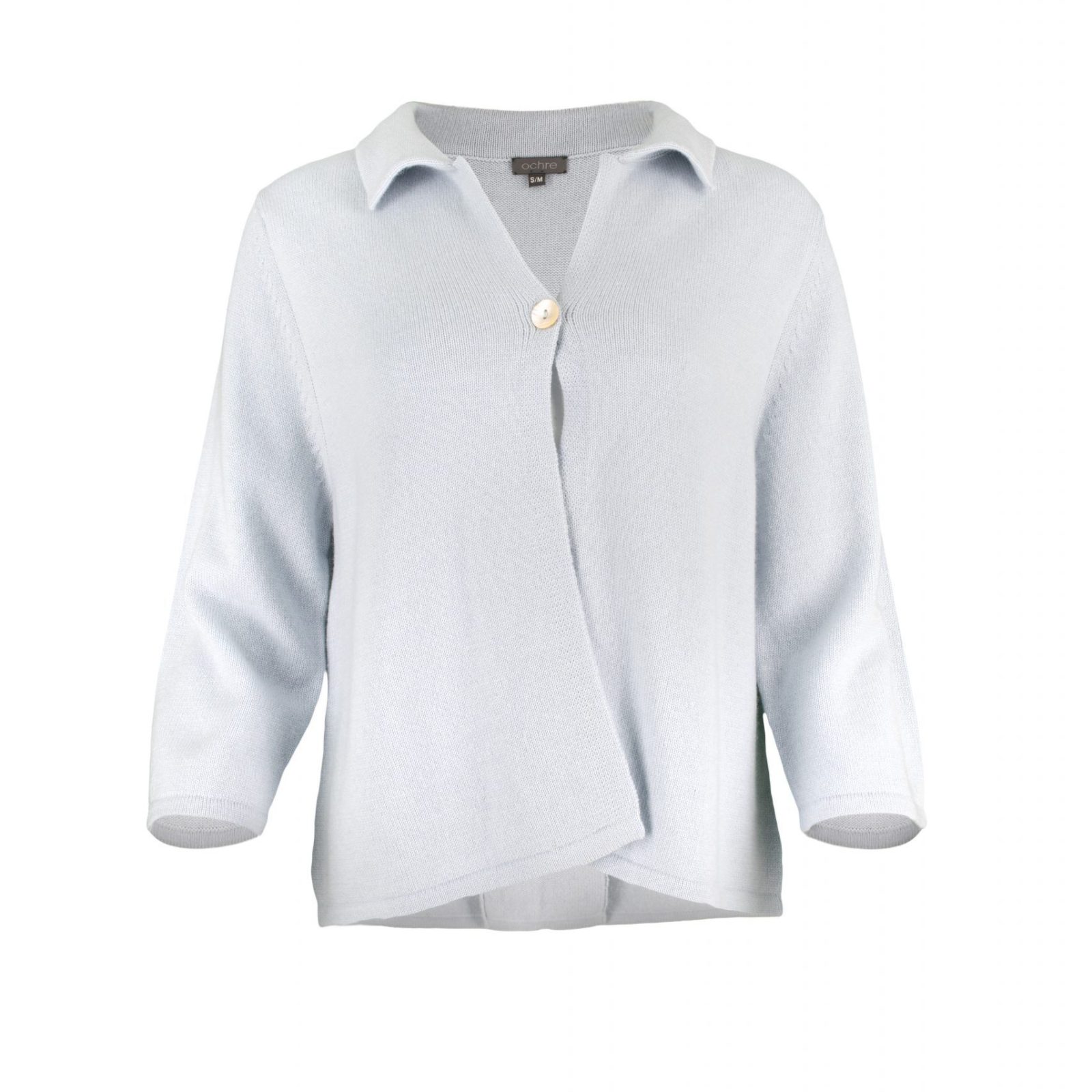 one button cardigan with collar, open front and long sleeves in cloud blue colour, front view