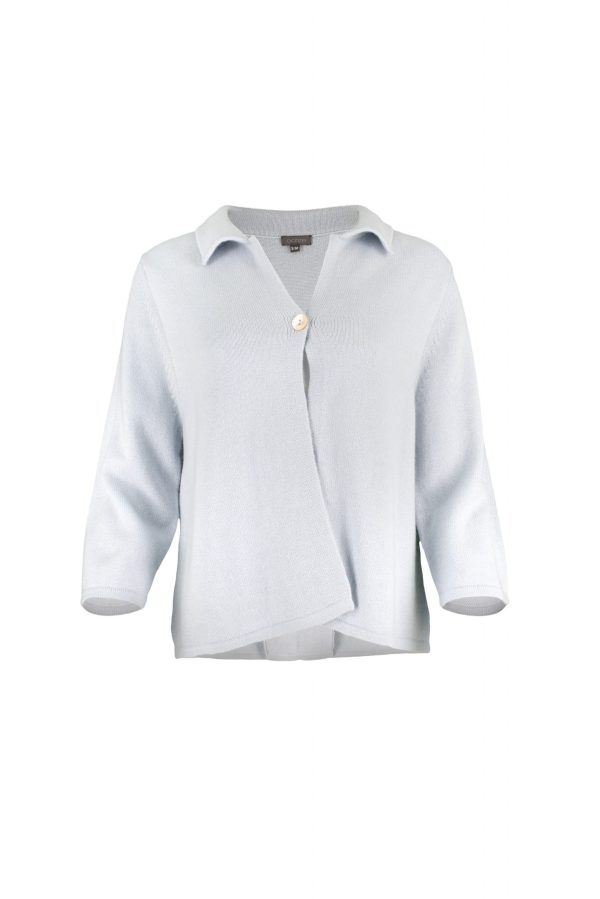 one button cardigan with collar, open front and long sleeves in cloud blue colour, front view