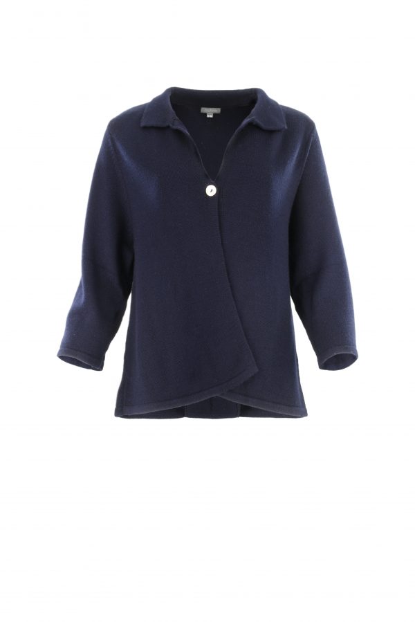 one button cardigan with collar, open front and long sleeves in navy colour, front view