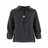 one button cardigan with collar, open front and long sleeves in graphite colour, front view