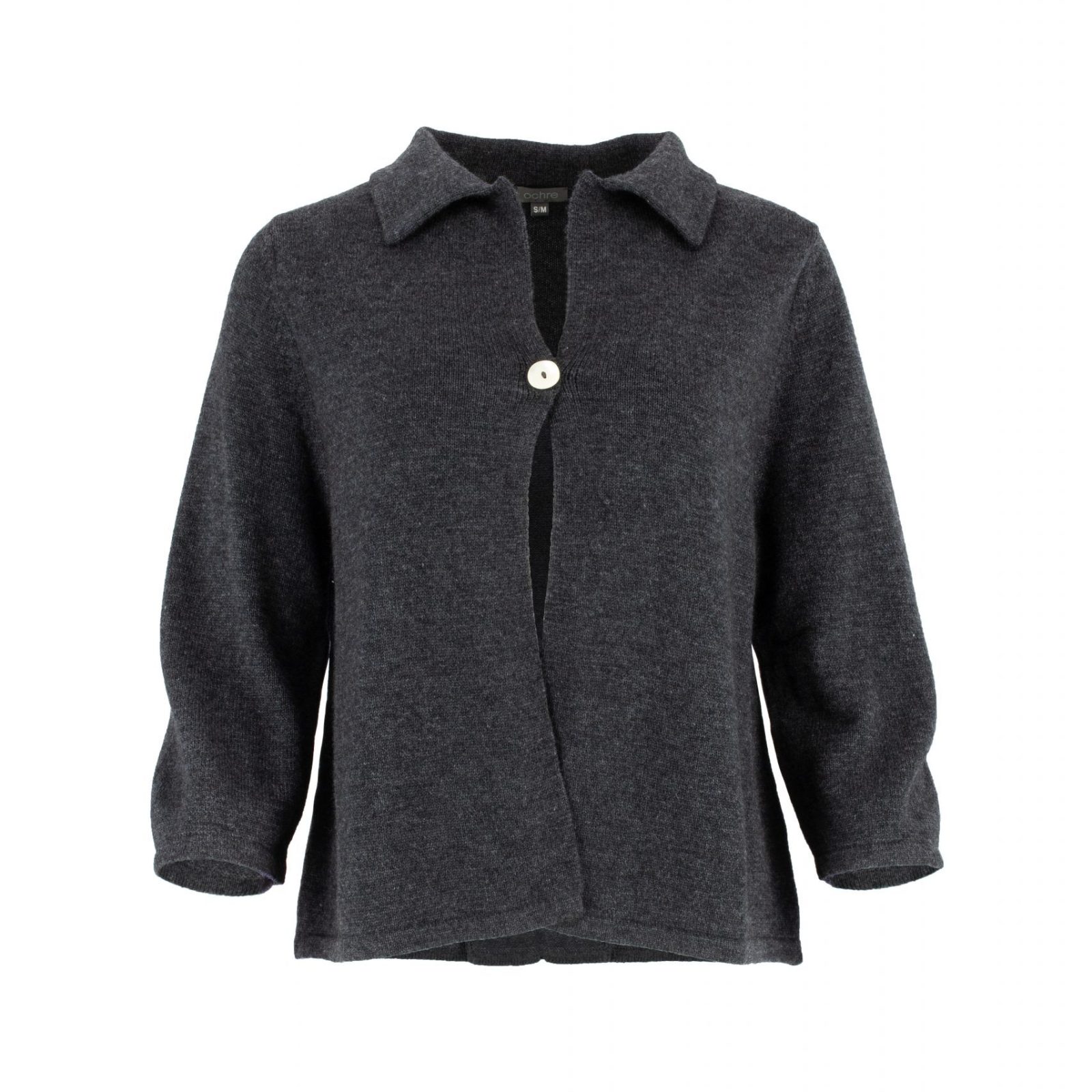 one button cardigan with collar, open front and long sleeves in graphite colour, front view