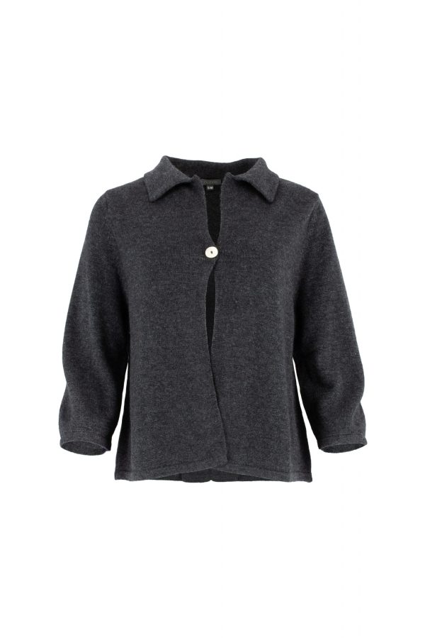one button cardigan with collar, open front and long sleeves in graphite colour, front view