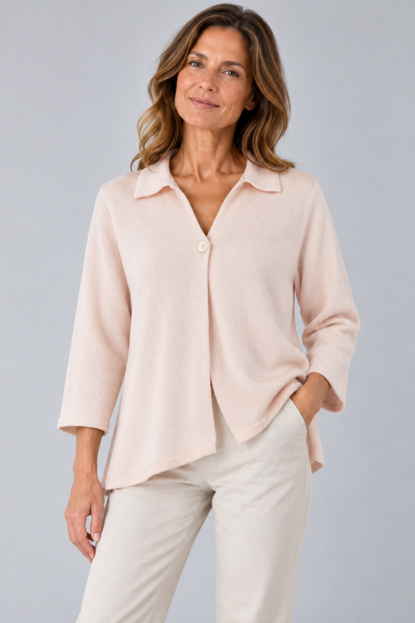 one button cardigan in soft pink colour presented by female model