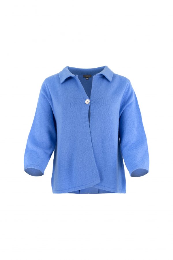one button cardigan with collar, open front and long sleeves in sky colour, front view