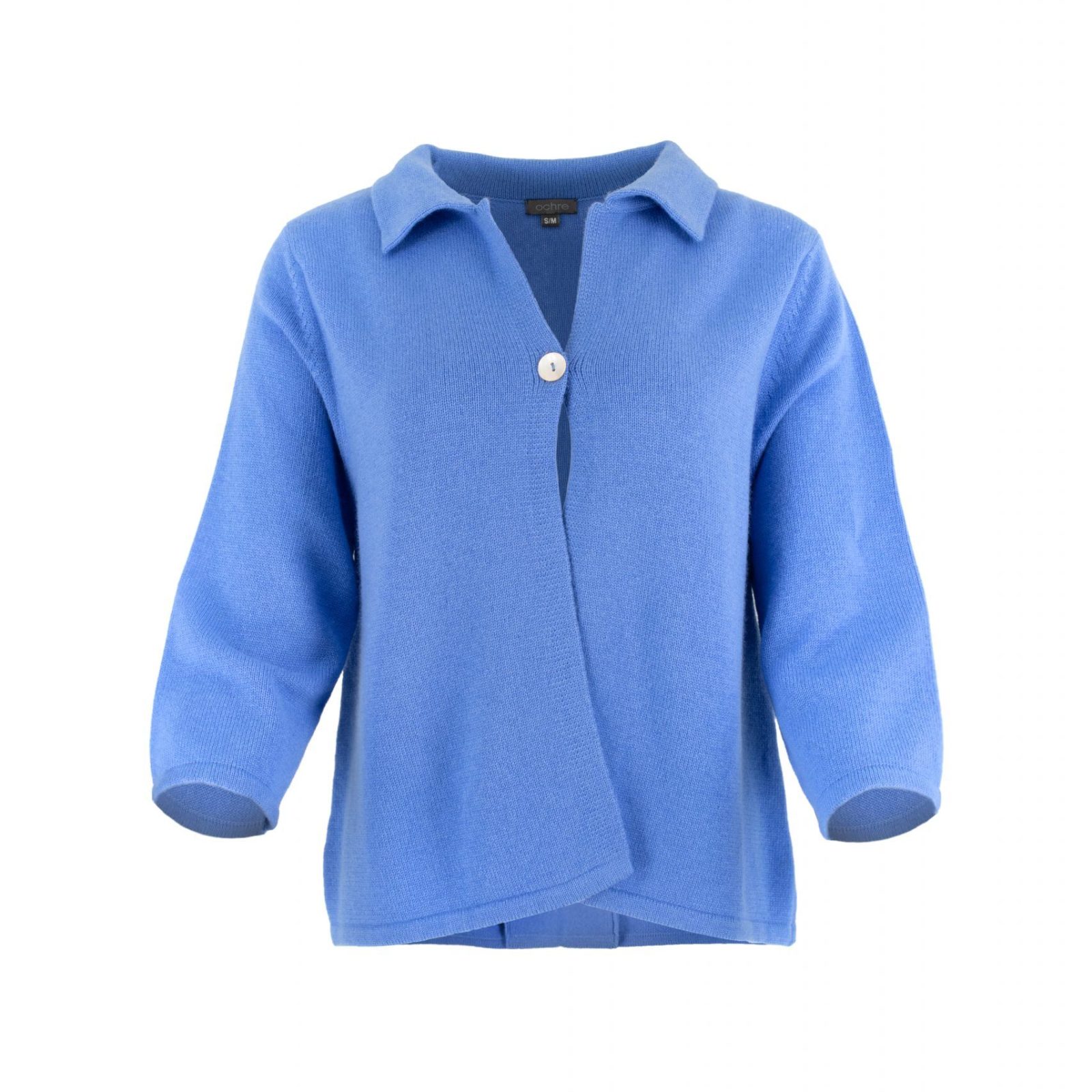 one button cardigan with collar, open front and long sleeves in sky colour, front view