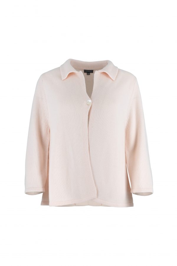 one button cardigan with collar, open front and long sleeves in soft pink colour, front view