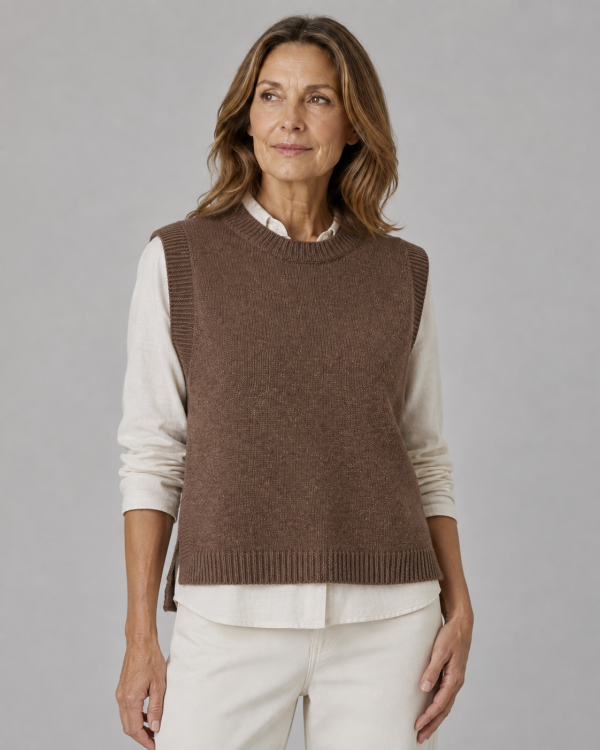 knitted vest features round neck, sleeveless, longer at the back with side split in chestnut colour, front view, presented by female model