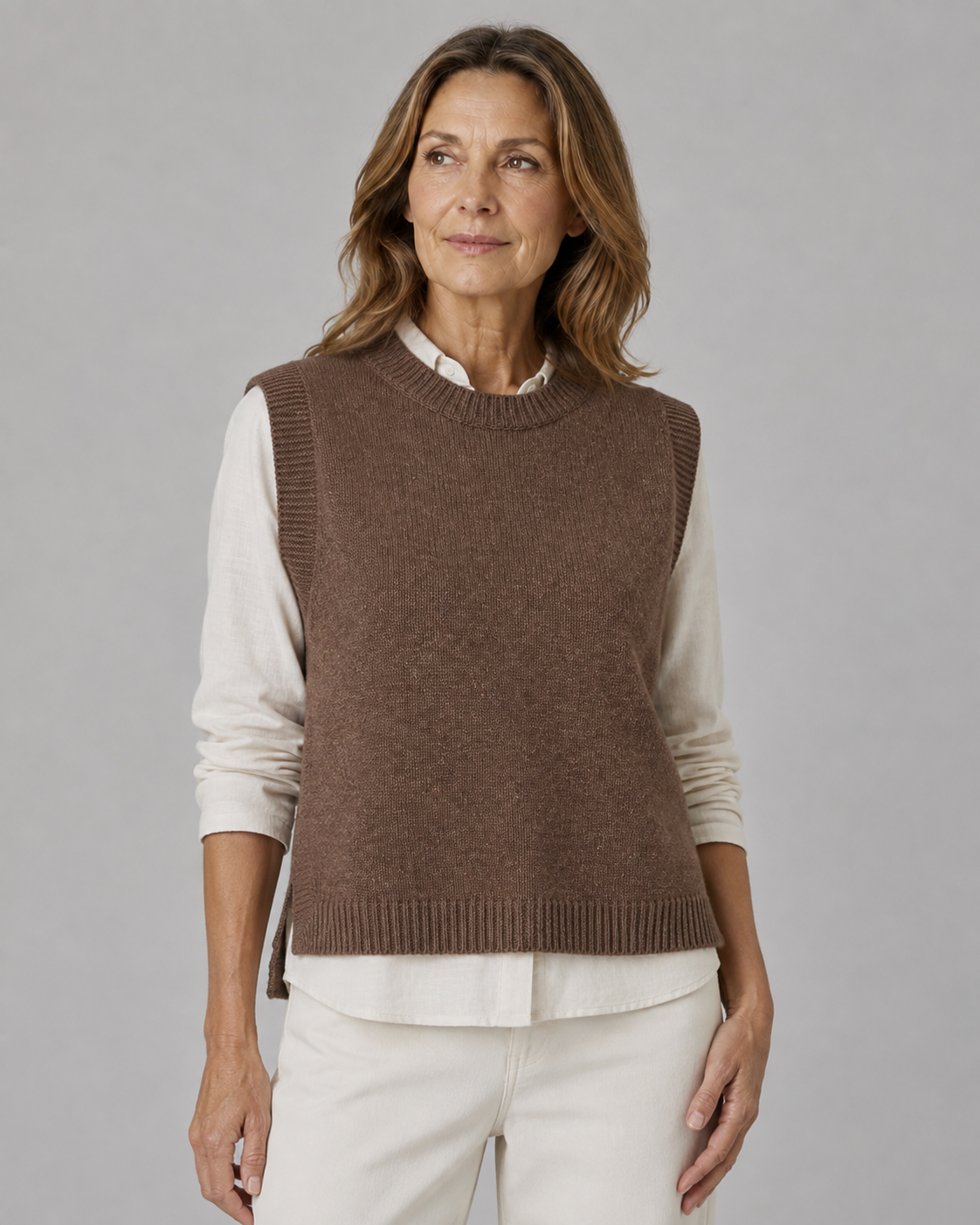 Lula-knitted-vest-chestnut-front-model - Ochre Knitwear knitted vest features round neck, sleeveless, longer at the back with side split in chestnut colour, front view, presented by female model
