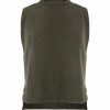 Lula knitted vest features round neck, sleeveless, longer at the back with side split in fir green colour, front view