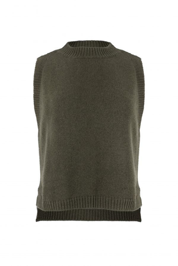Lula knitted vest features round neck, sleeveless, longer at the back with side split in fir green colour, front view