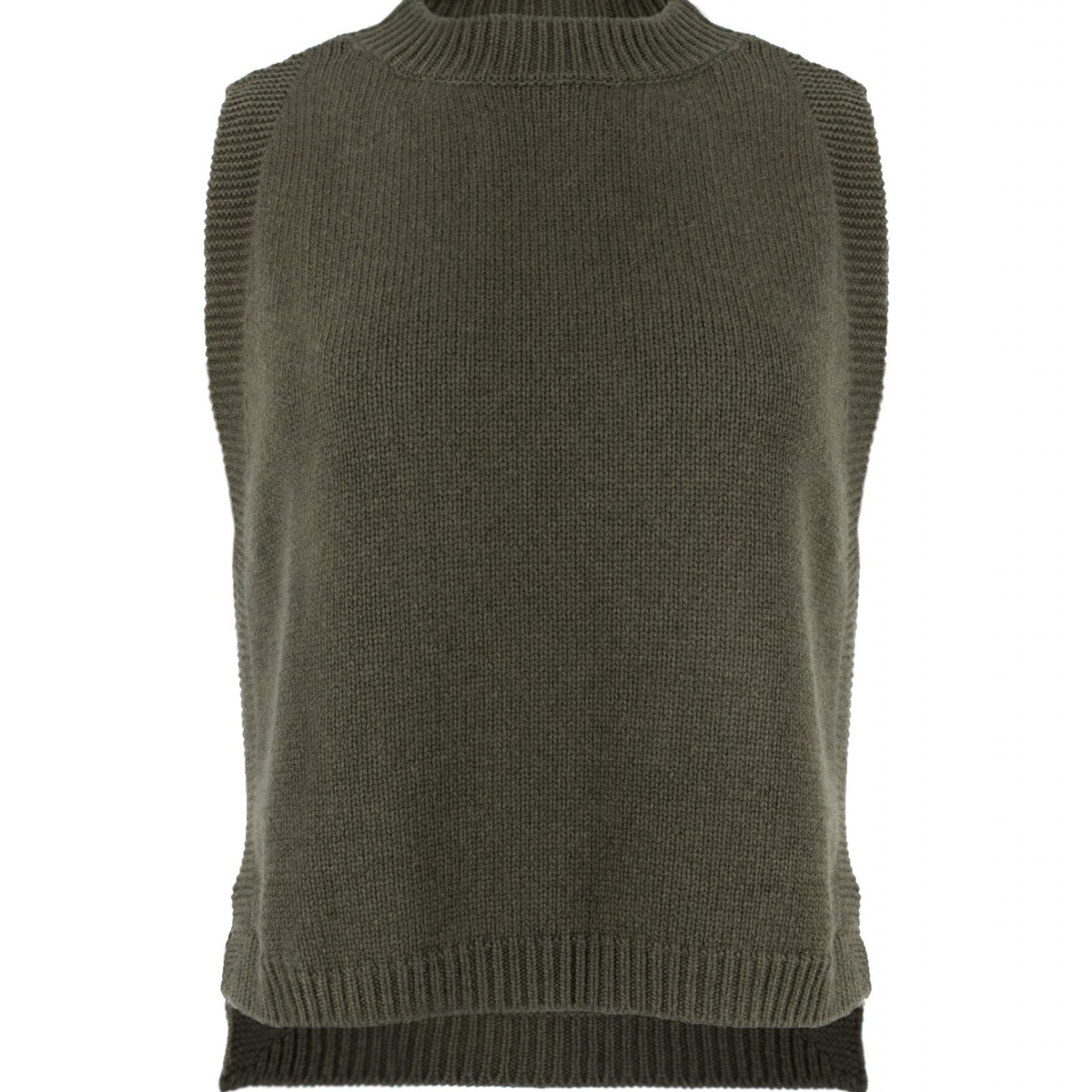 Lula-knitted-vest-fir-green-colour - Ochre Knitwear Lula knitted vest features round neck, sleeveless, longer at the back with side split in fir green colour, front view
