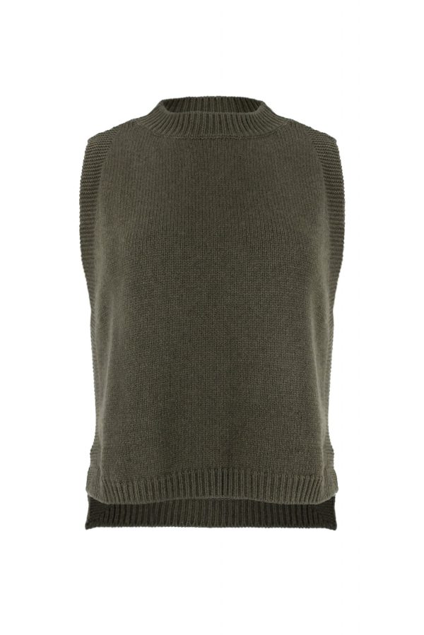 Lula-knitted-vest-fir-green-colour - Ochre Knitwear Lula knitted vest features round neck, sleeveless, longer at the back with side split in fir green colour, front view