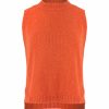 Lula knitted vest features round neck, sleeveless, longer at the back with side split in flame colour, front view