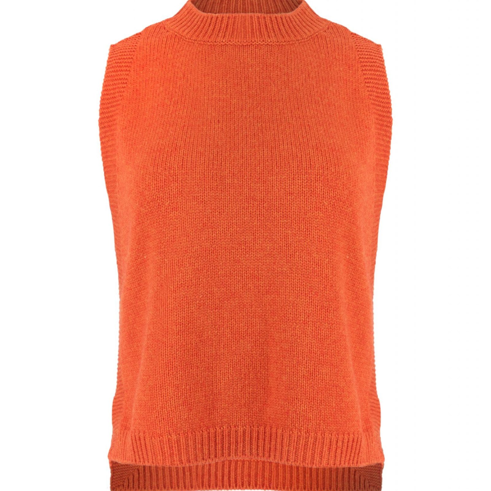 Lula-knitted-vest-flame-colour - Ochre Knitwear Lula knitted vest features round neck, sleeveless, longer at the back with side split in flame colour, front view