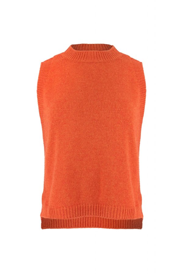 Lula-knitted-vest-flame-colour - Ochre Knitwear Lula knitted vest features round neck, sleeveless, longer at the back with side split in flame colour, front view