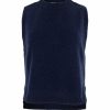 Lula knitted vest features round neck, sleeveless, longer at the back with side split in navy colour, front view