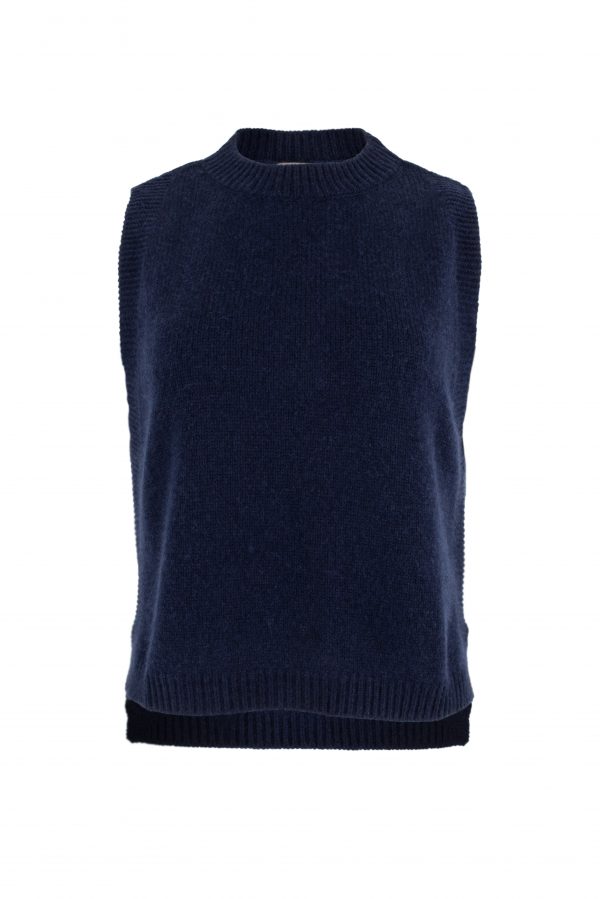 Lula knitted vest features round neck, sleeveless, longer at the back with side split in navy colour, front view