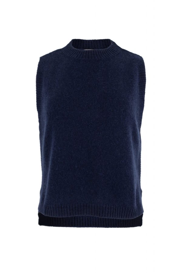 Lula-vest-navy-front-view - Ochre Knitwear Lula knitted vest features round neck, sleeveless, longer at the back with side split in navy colour, front view