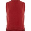 Lula knitted vest features round neck, sleeveless, longer at the back with side split in rust colour, front view