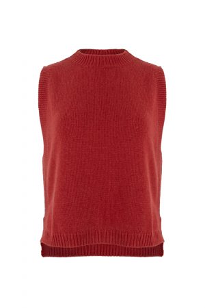Lula-knitted-vest-rust-colour Lula knitted vest features round neck, sleeveless, longer at the back with side split in rust colour, front view