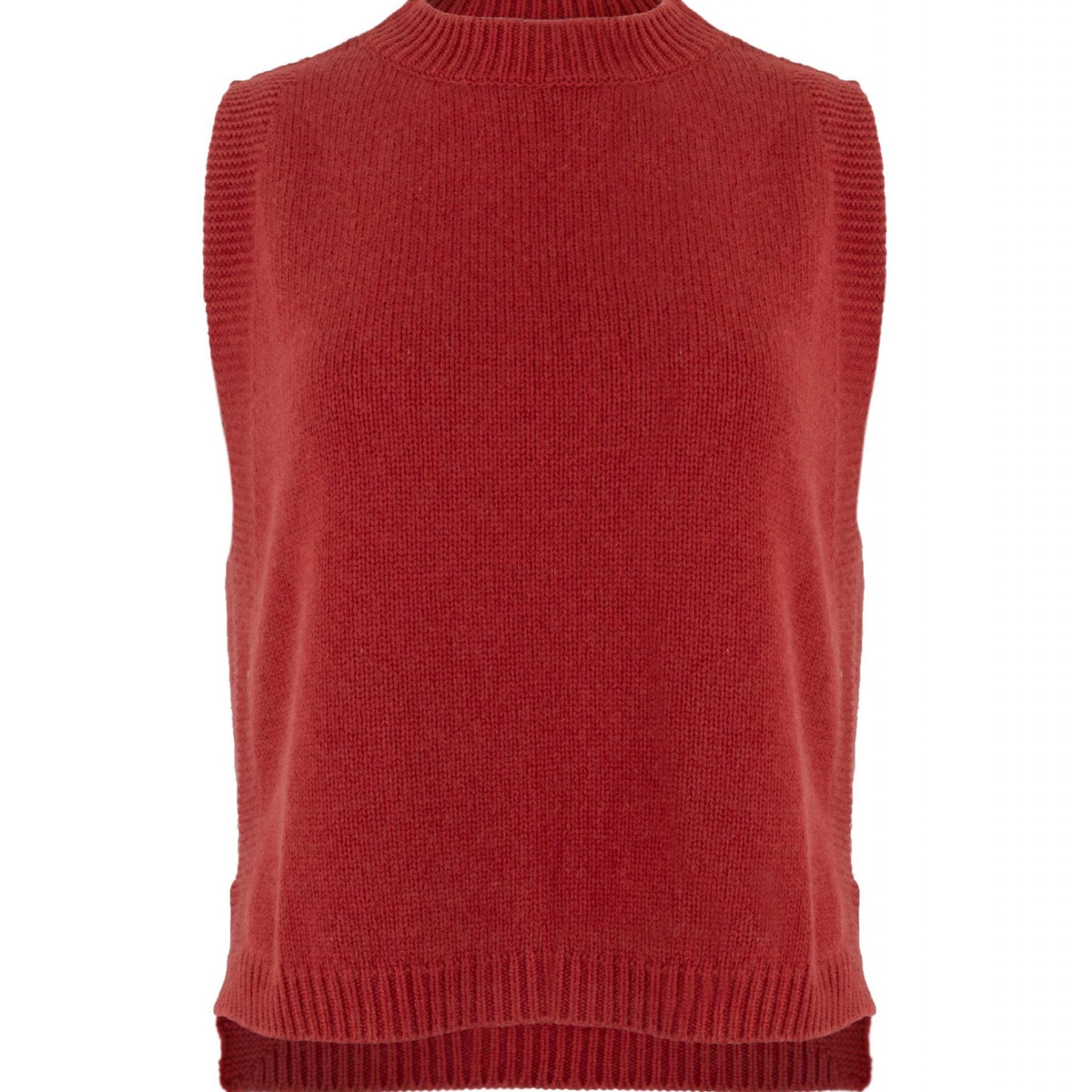 Lula-knitted-vest-rust-colour - Ochre Knitwear Lula knitted vest features round neck, sleeveless, longer at the back with side split in rust colour, front view