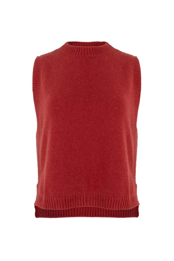 Lula-knitted-vest-rust-colour - Ochre Knitwear Lula knitted vest features round neck, sleeveless, longer at the back with side split in rust colour, front view