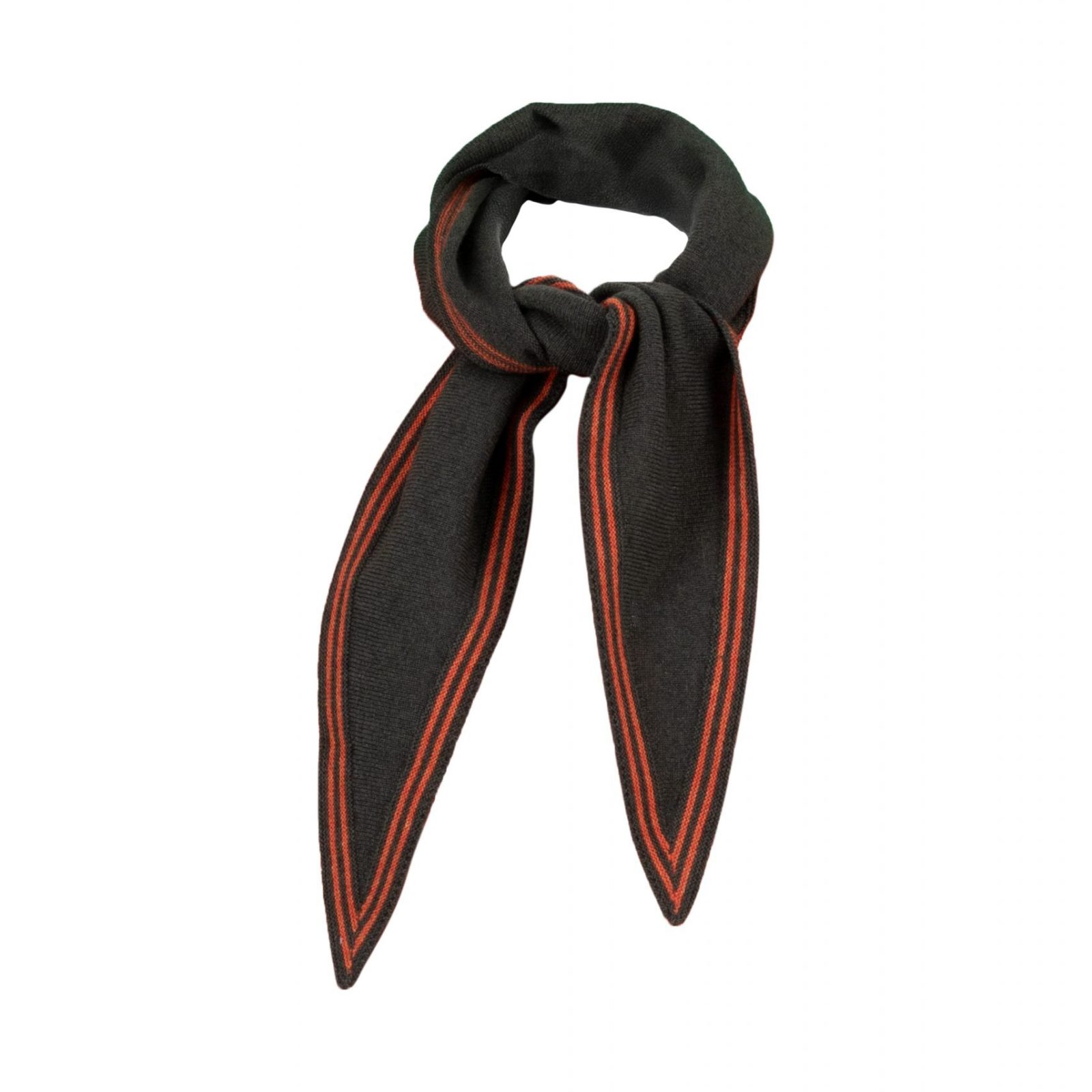 Bontie-bandana-scarf-fir-green-flame - Ochre Knitwear Bontie bandana scarf in fir green with flame contrast fine stripe border – cashmere mix, 125cm