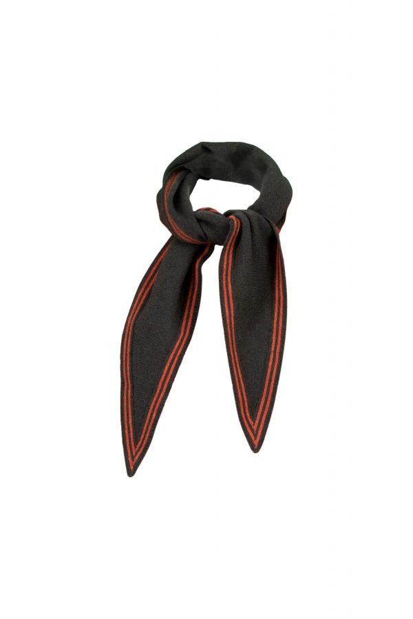 Bontie-bandana-scarf-fir-green-flame - Ochre Knitwear Bontie bandana scarf in fir green with flame contrast fine stripe border – cashmere mix, 125cm