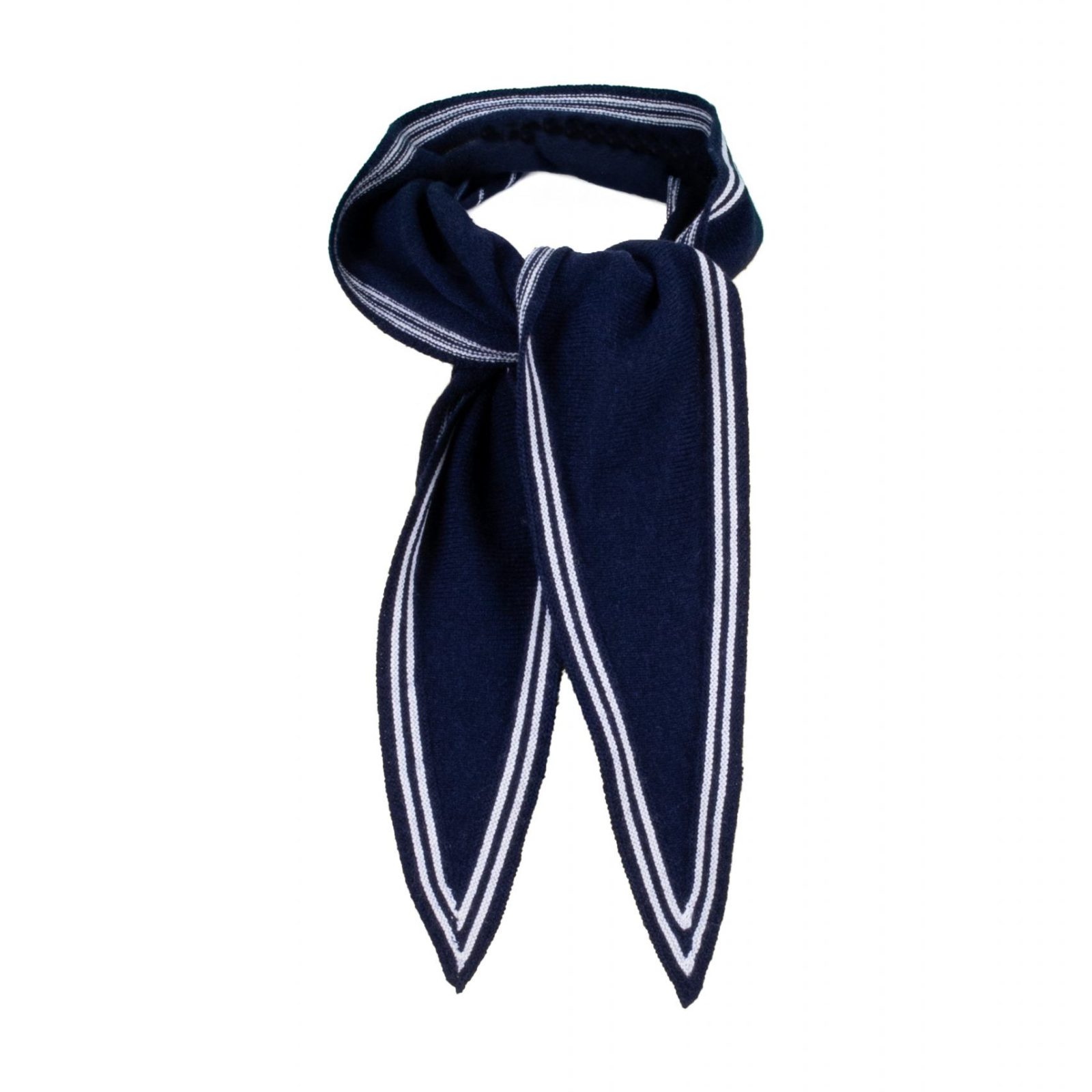 Bontie-bandana-scarf-navy-ivory - Ochre Knitwear Bontie bandana scarf in navy with ivory contrast fine stripe border – cashmere mix, 125cm