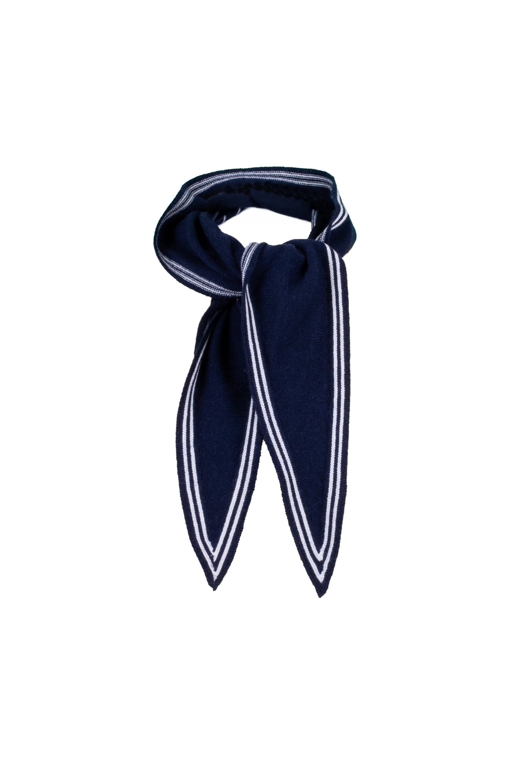 Bontie bandana scarf in navy with ivory contrast fine stripe border – cashmere mix, 125cm