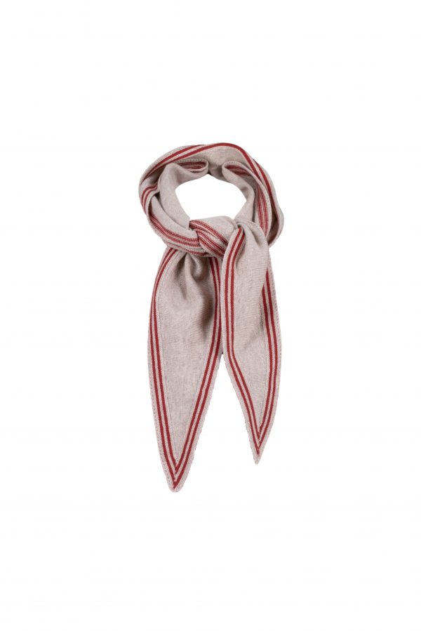 Bontie-bandana-scarf-oatmeal-rust - Ochre Knitwear Bontie bandana scarf in oatmeal with rust contrast fine stripe border – cashmere mix, 125cm