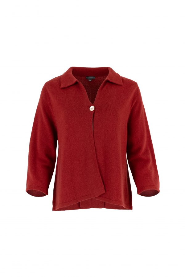 one button cardigan with collar, open front and long sleeves in rust colour, front view